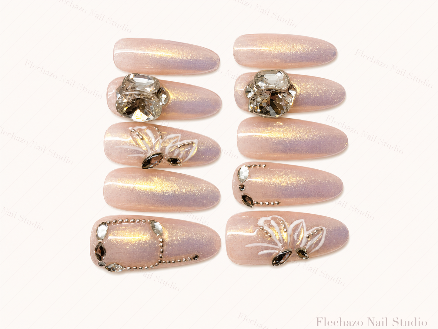 Blush Pink Pearl Bow Floral Press-On Nails handmade press-on nail set, product view