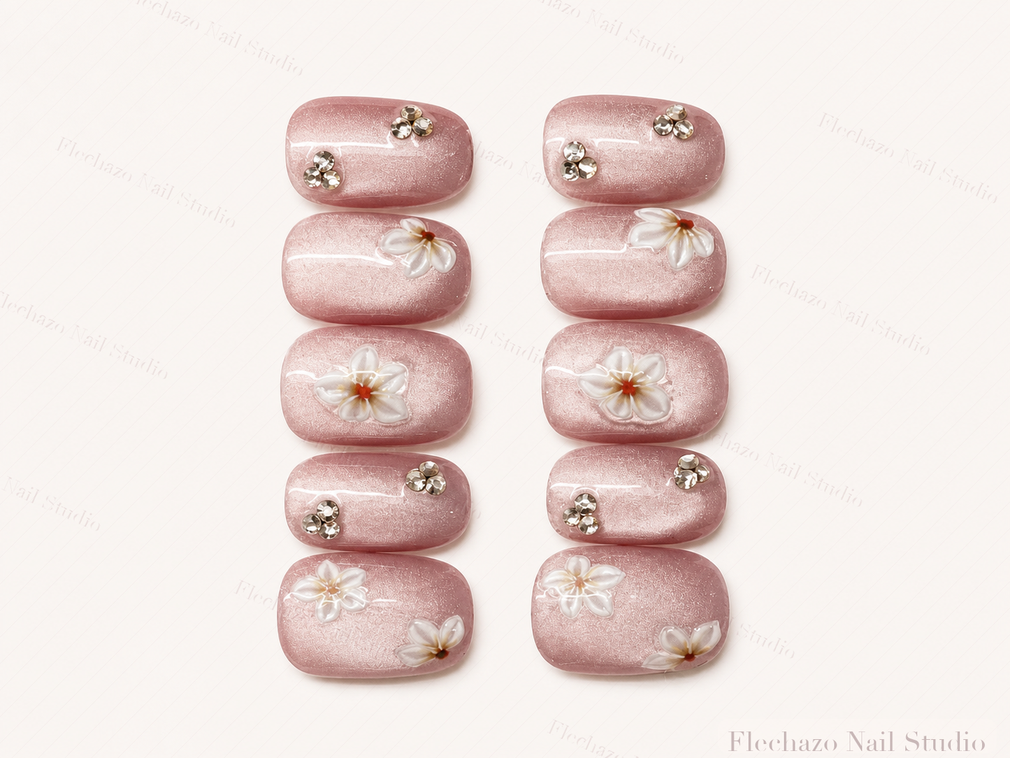 Blush Pink Delicate Floral Crystal Press-On Nails handmade press-on nail set, product view