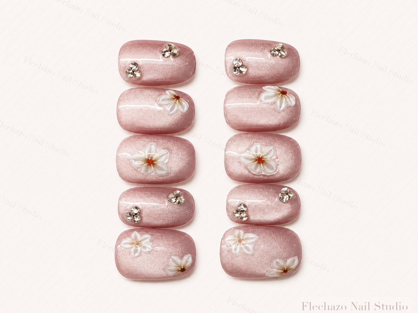 Blush Pink Delicate Floral Crystal Press-On Nails handmade press-on nail set, product view