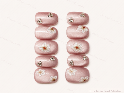Blush Pink Delicate Floral Crystal Press-On Nails handmade press-on nail set, product view