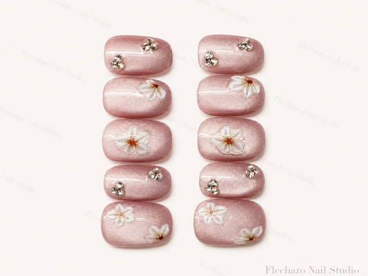 Blush Pink Delicate Floral Crystal Press-On Nails handmade press-on nail set, product view