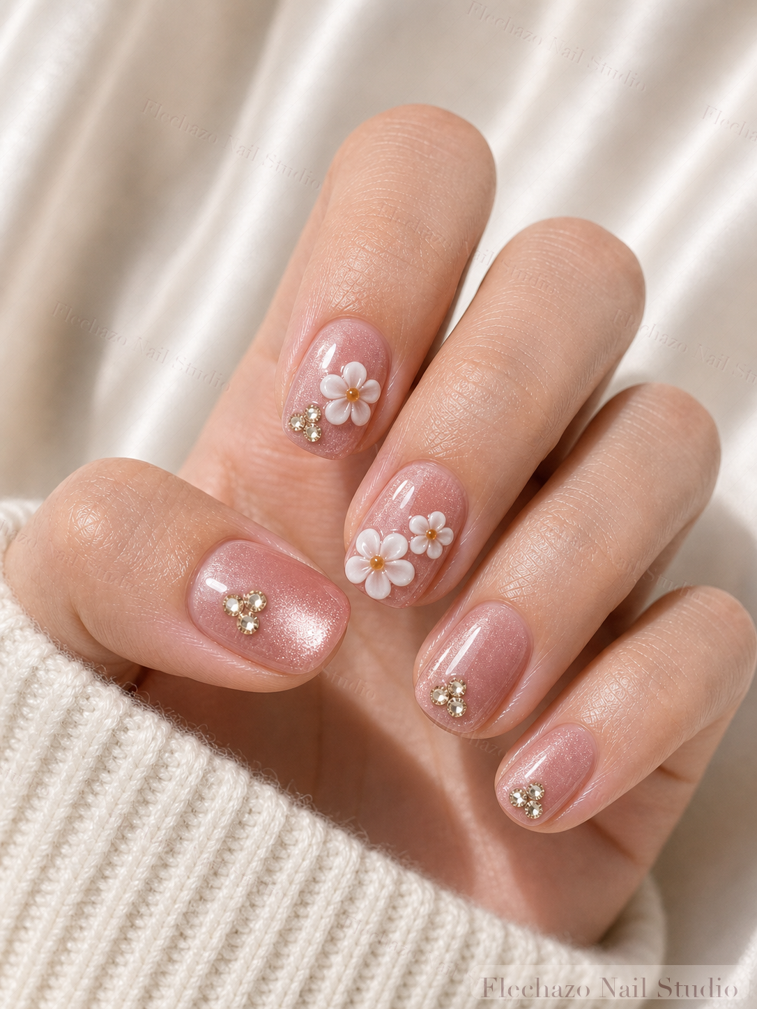 Blush Pink Delicate Floral Crystal Press-On Nails worn on a model hand