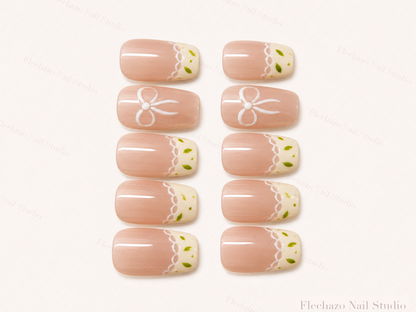 Peach Pink Lemon Floral Press-On Nails handmade press-on nail set, product view