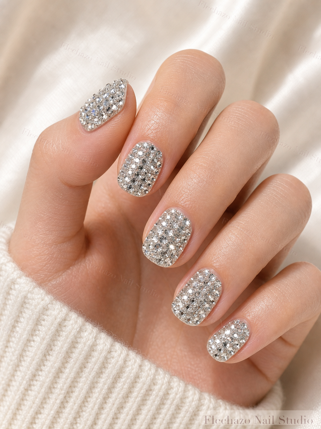 Full Silver Rhinestone Crystal Press-On Nails worn on a model hand