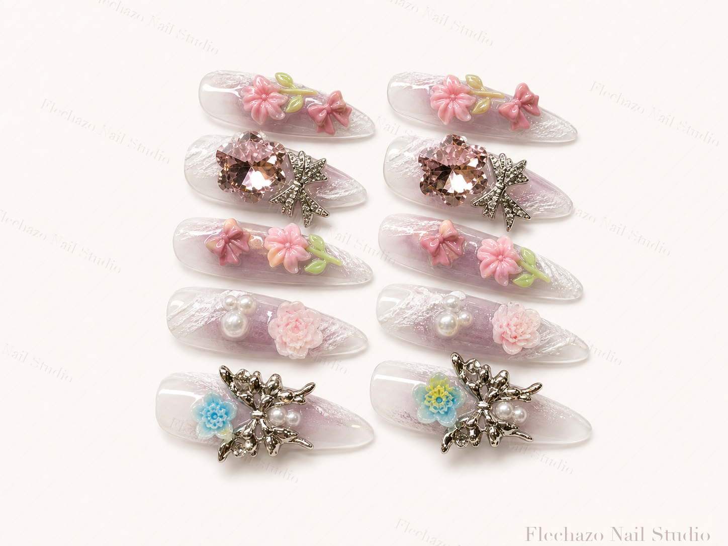 Blush Pink Floral Butterfly Charm Press-On Nails handmade press-on nail set, product view