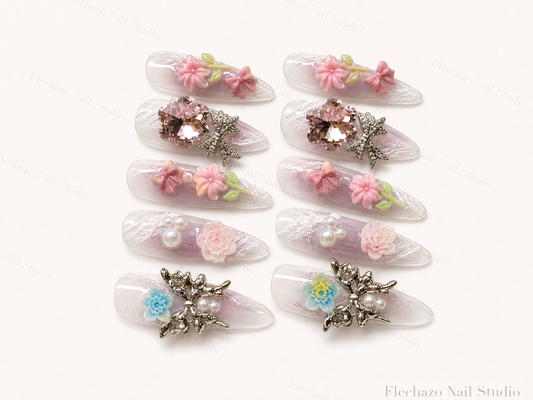 Blush Pink Floral Butterfly Charm Press-On Nails handmade press-on nail set, product view