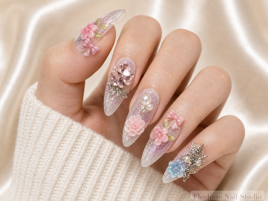 Blush Pink Floral Butterfly Charm Press-On Nails worn on a model hand