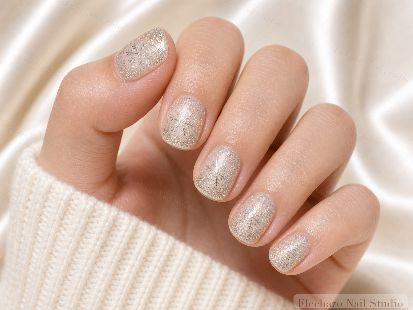 Silver Snowflake Shimmer Press-On Nails worn on a model hand