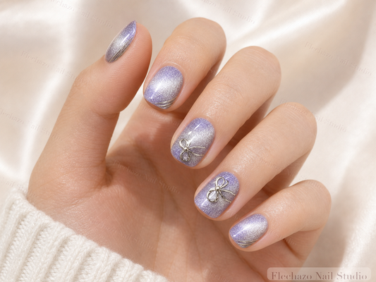 Lavender Cat Eye Butterfly Press-On Nails worn on a model hand