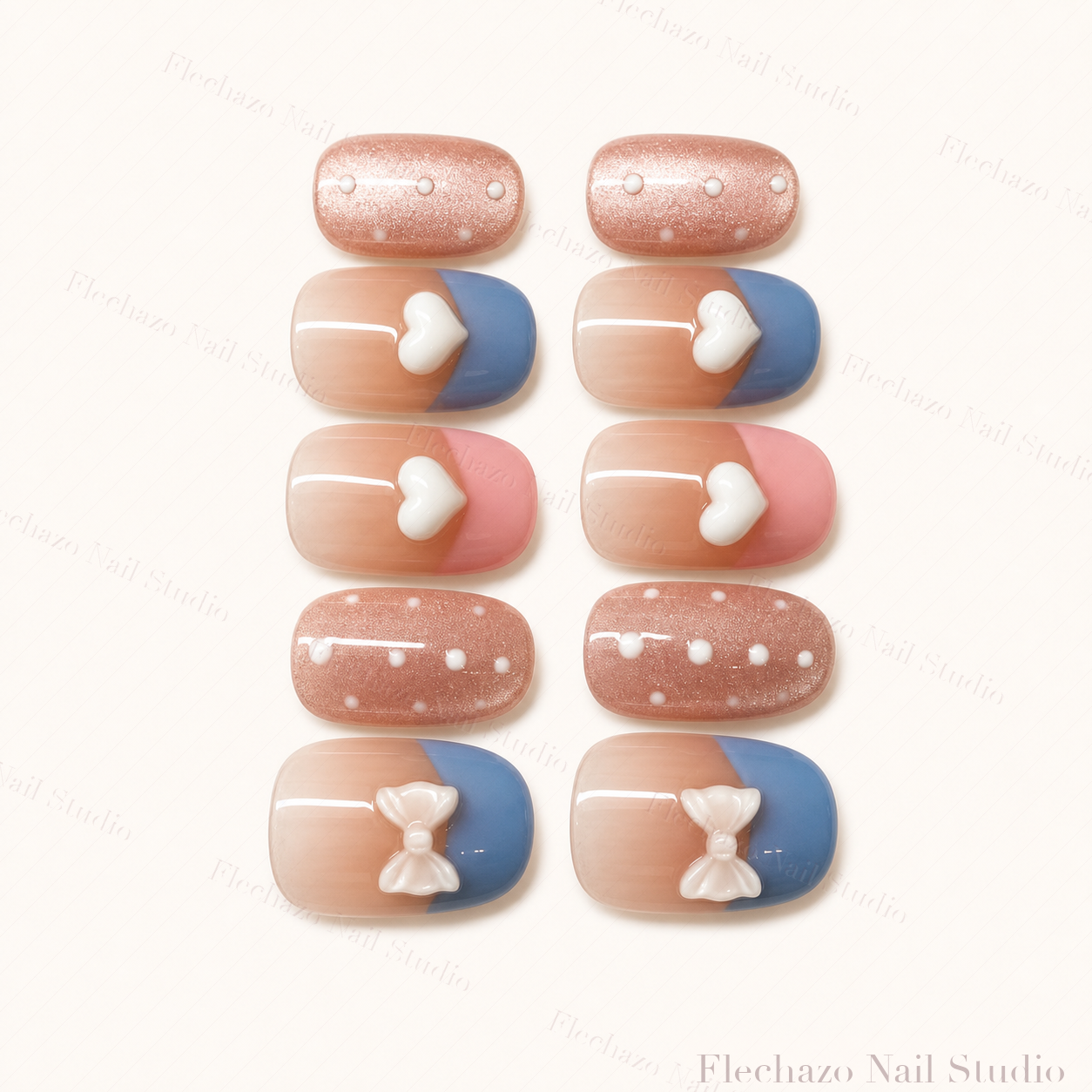 Nude Blue Pink Bunny Heart Press-On Nails handmade press-on nail set, product view