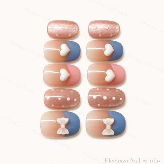Nude Blue Pink Bunny Heart Press-On Nails handmade press-on nail set, product view