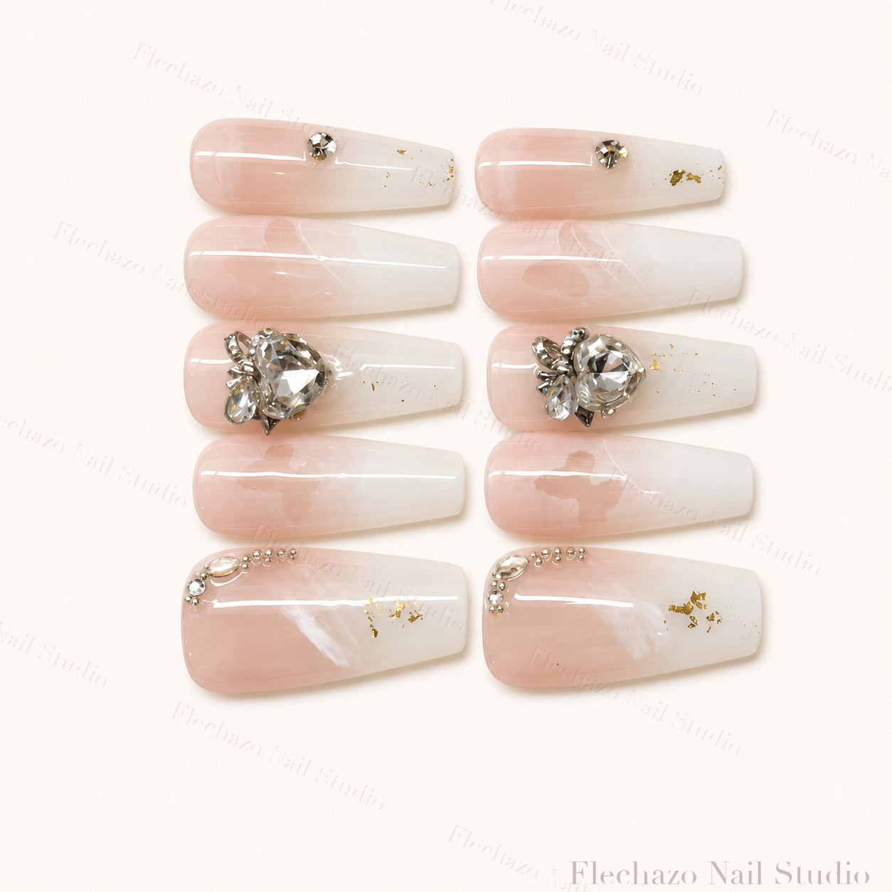 Blush White Floral Crystal Ribbon Press-On Nails handmade press-on nail set, product view
