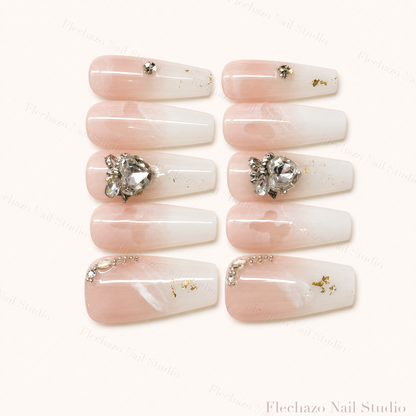 Blush White Floral Crystal Ribbon Press-On Nails handmade press-on nail set, product view
