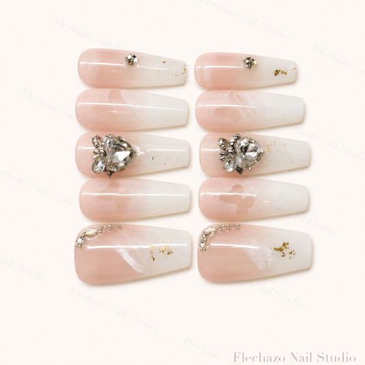 Blush White Floral Crystal Ribbon Press-On Nails handmade press-on nail set, product view