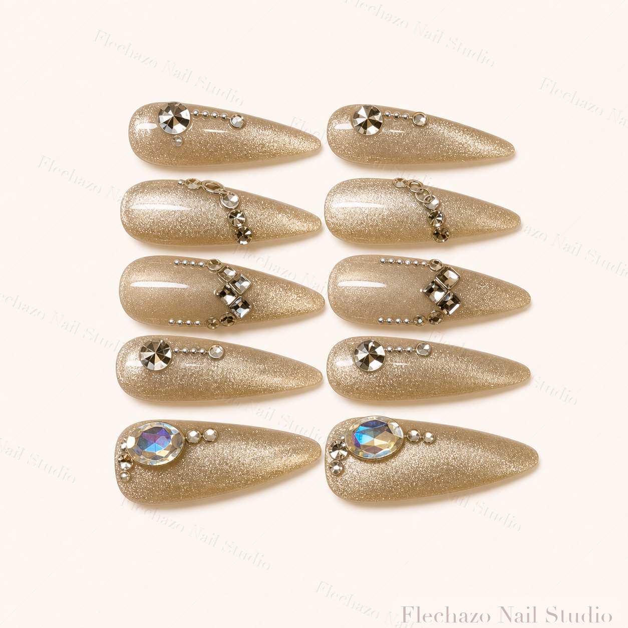Champagne Pearl Celestial Stiletto Press-On Nails handmade press-on nail set, product view
