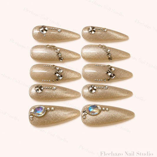 Champagne Pearl Celestial Stiletto Press-On Nails handmade press-on nail set, product view