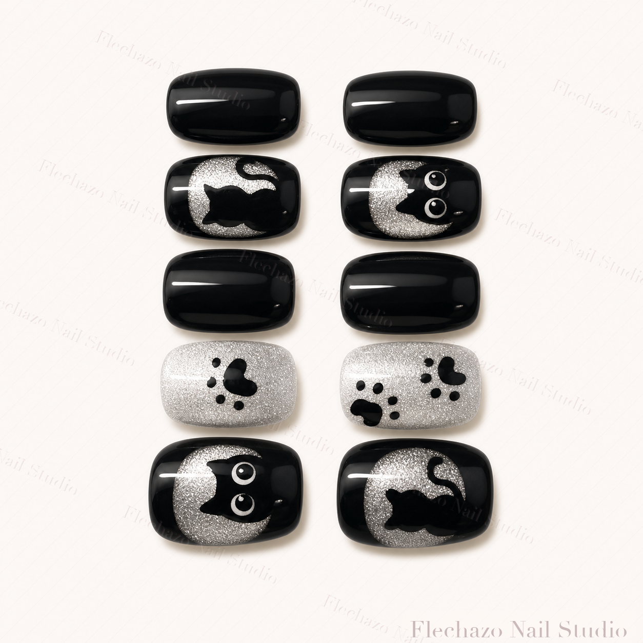 Black White Cat Moon Press-On Nails handmade press-on nail set, product view