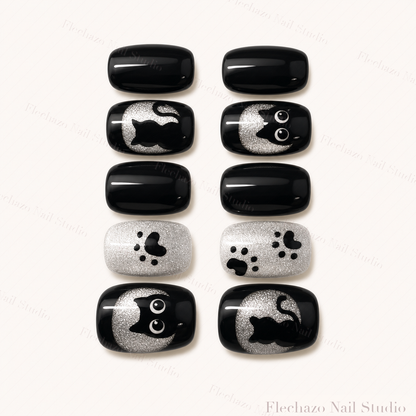 Black White Cat Moon Press-On Nails handmade press-on nail set, product view