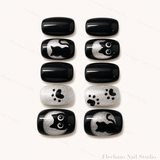 Black White Cat Moon Press-On Nails handmade press-on nail set, product view