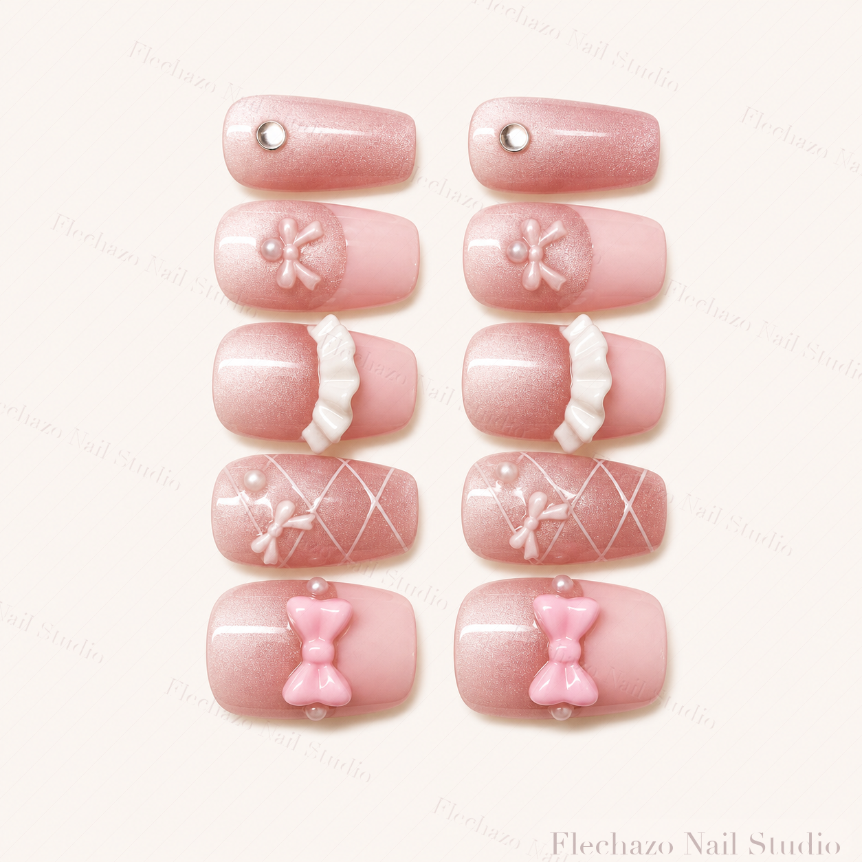 Pink Bow Ballet Ribbon Press-On Nails handmade press-on nail set, product view
