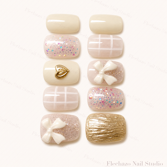 Cream Pink Gold Bow Texture Press-On Nails handmade press-on nail set, product view