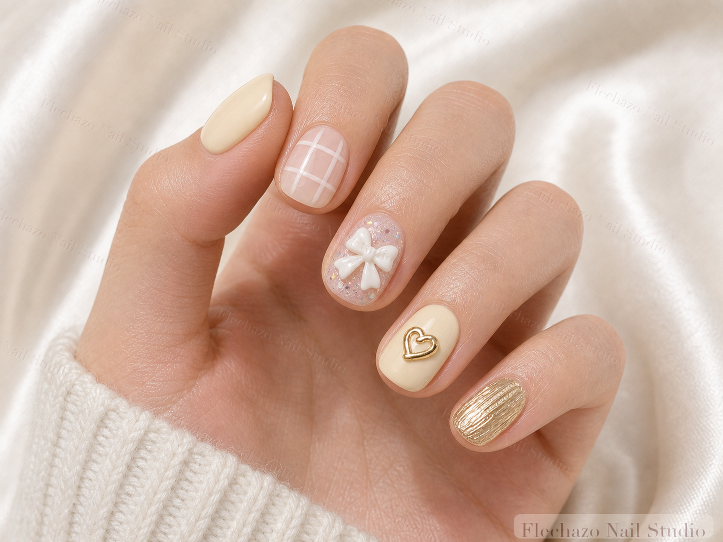 Cream Pink Gold Bow Texture Press-On Nails worn on a model hand