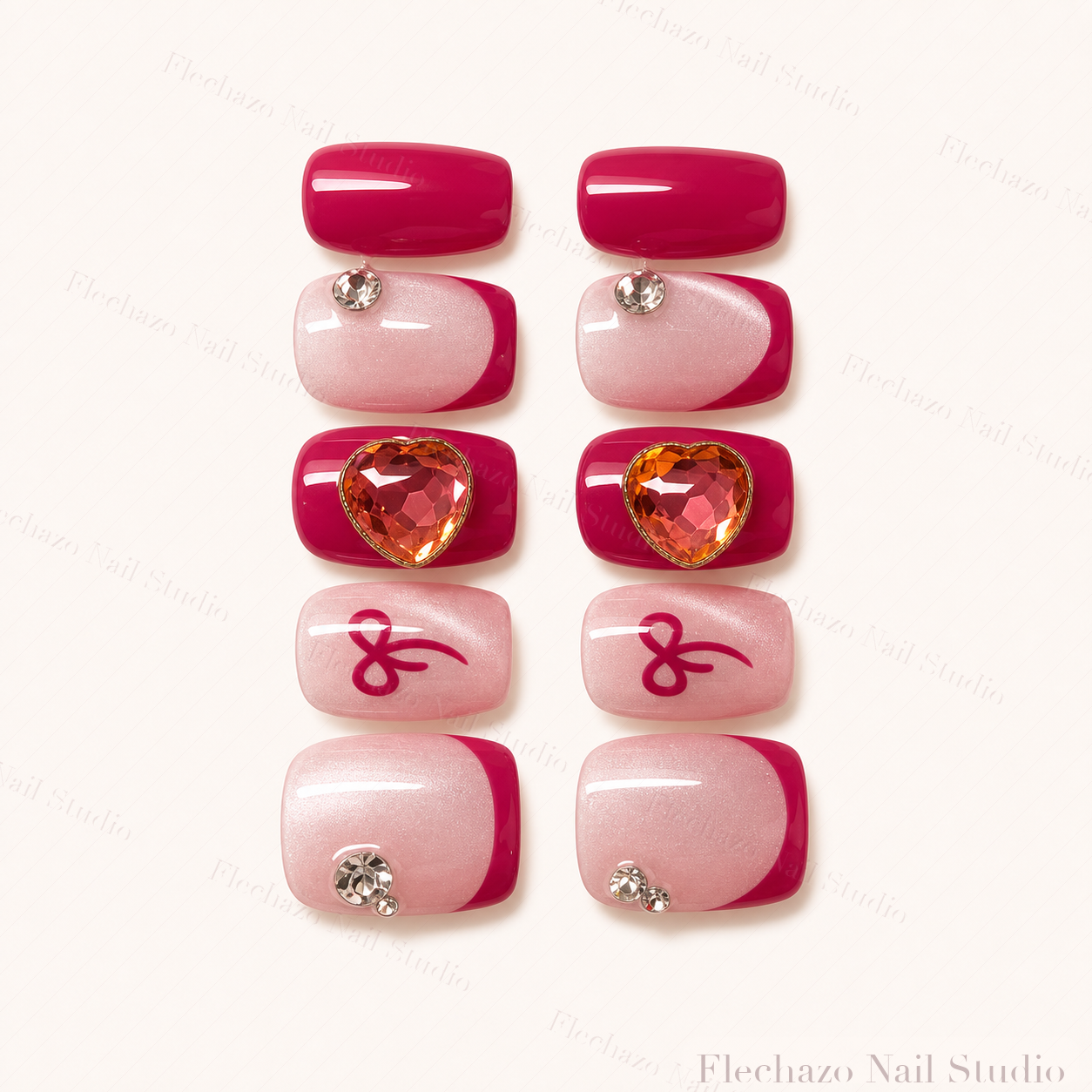 Magenta Pink Jewel Bow Press-On Nails handmade press-on nail set, product view