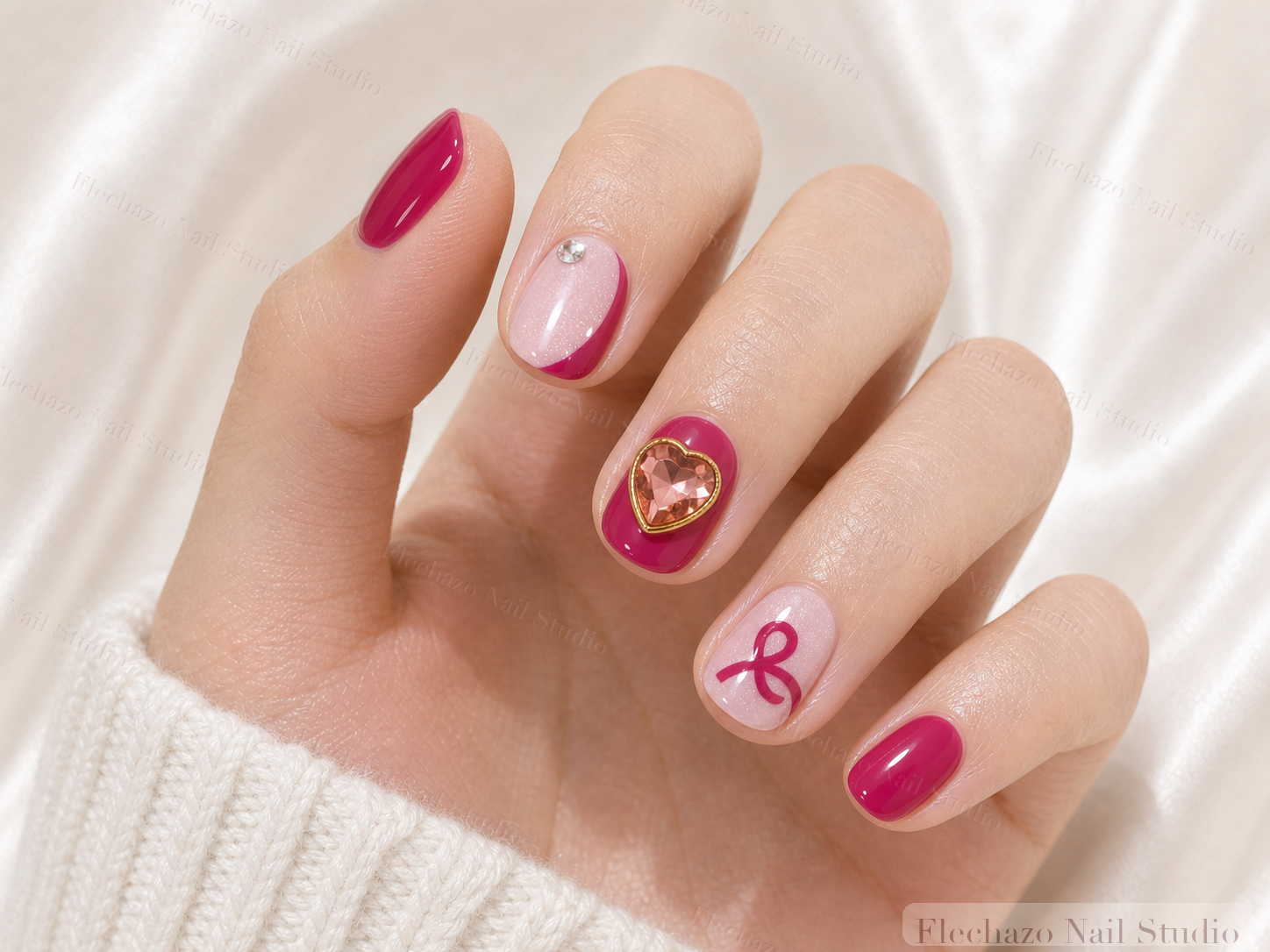 Magenta Pink Jewel Bow Press-On Nails worn on a model hand
