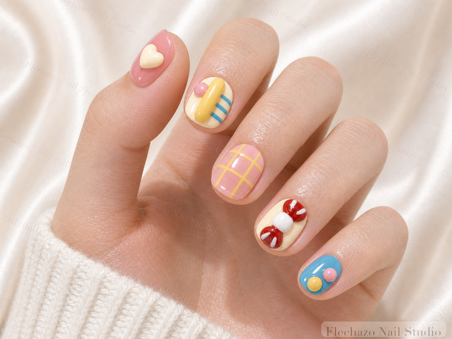 Pastel Dessert 3D Charm Press-On Nails worn on a model hand