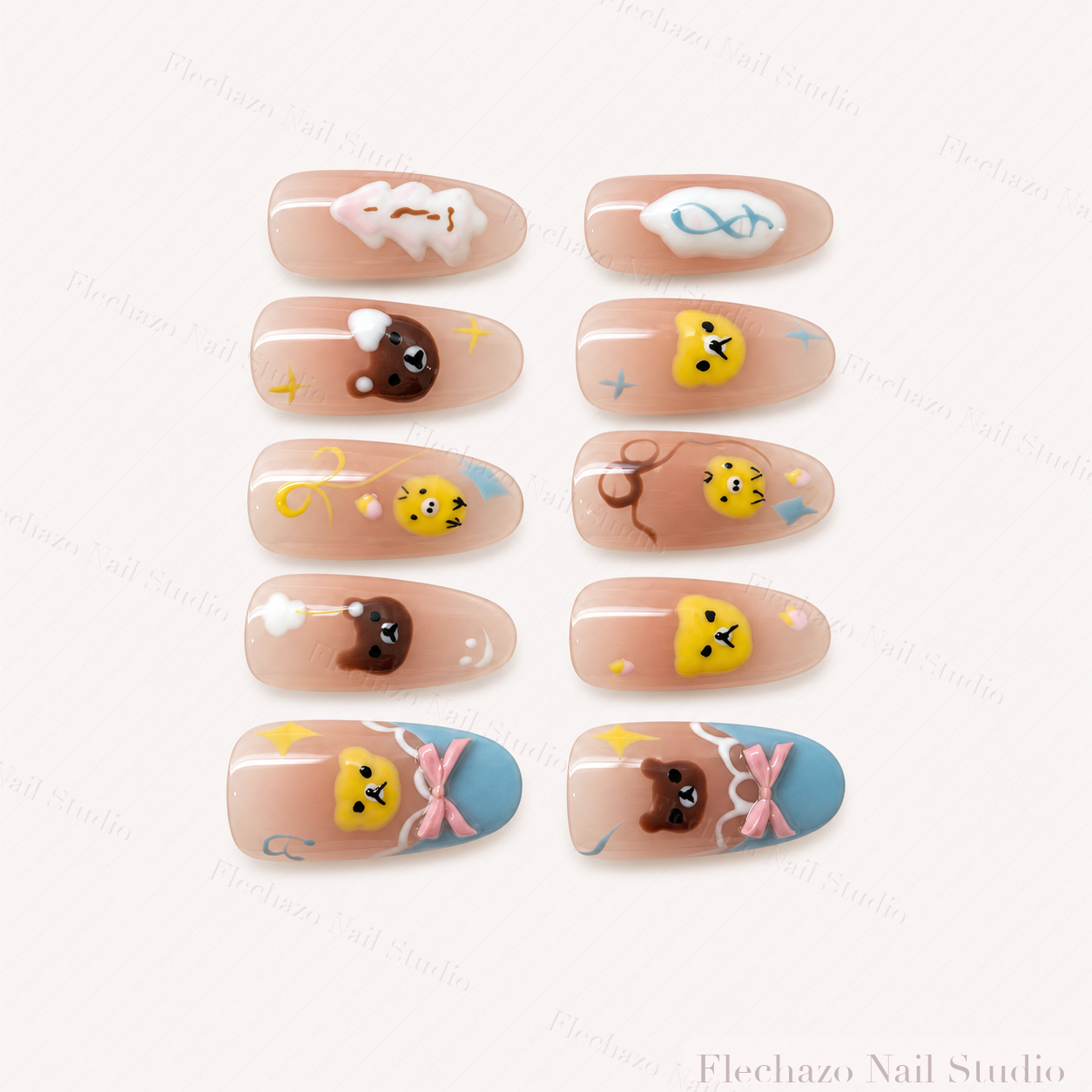 Nude Playful Bear Character Press-On Nails handmade press-on nail set, product view