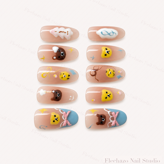 Nude Playful Bear Character Press-On Nails handmade press-on nail set, product view