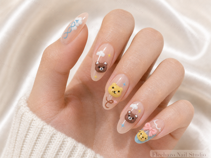 Nude Playful Bear Character Press-On Nails worn on a model hand