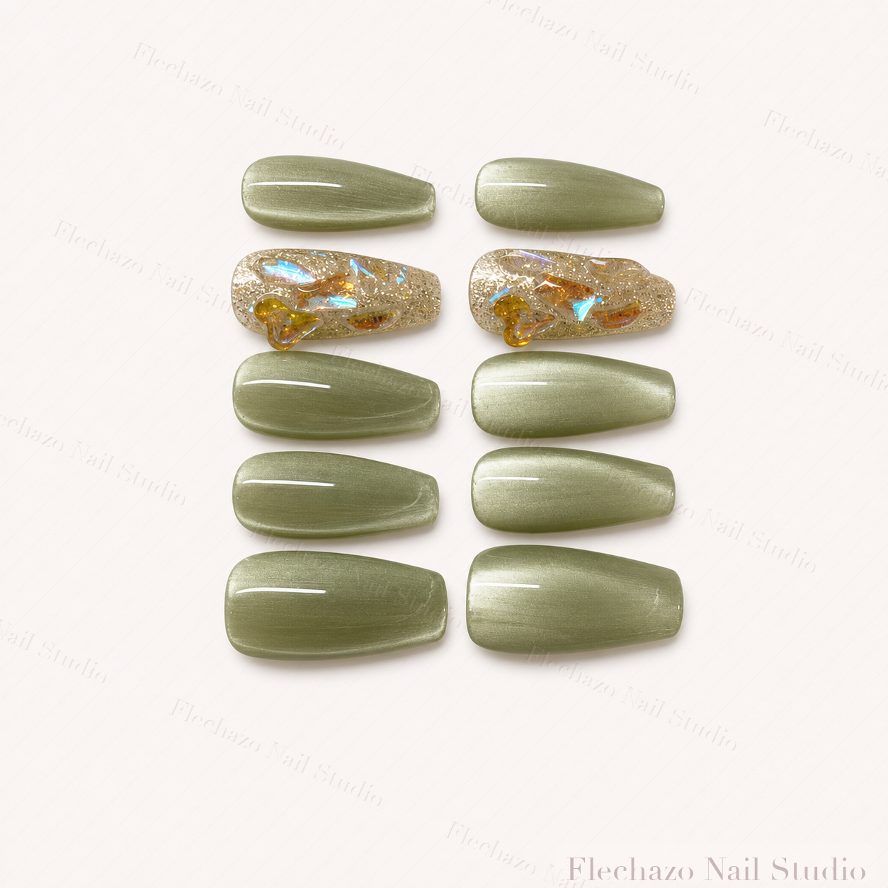 Sage Green Gold Leaf Shimmer Press-On Nails handmade press-on nail set, product view