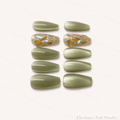 Sage Green Gold Leaf Shimmer Press-On Nails handmade press-on nail set, product view