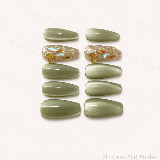 Sage Green Gold Leaf Shimmer Press-On Nails handmade press-on nail set, product view