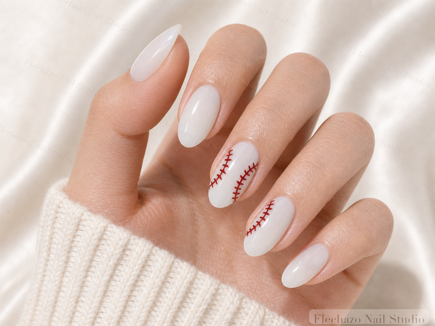 White Red Baseball Stitch Press-On Nails worn on a model hand