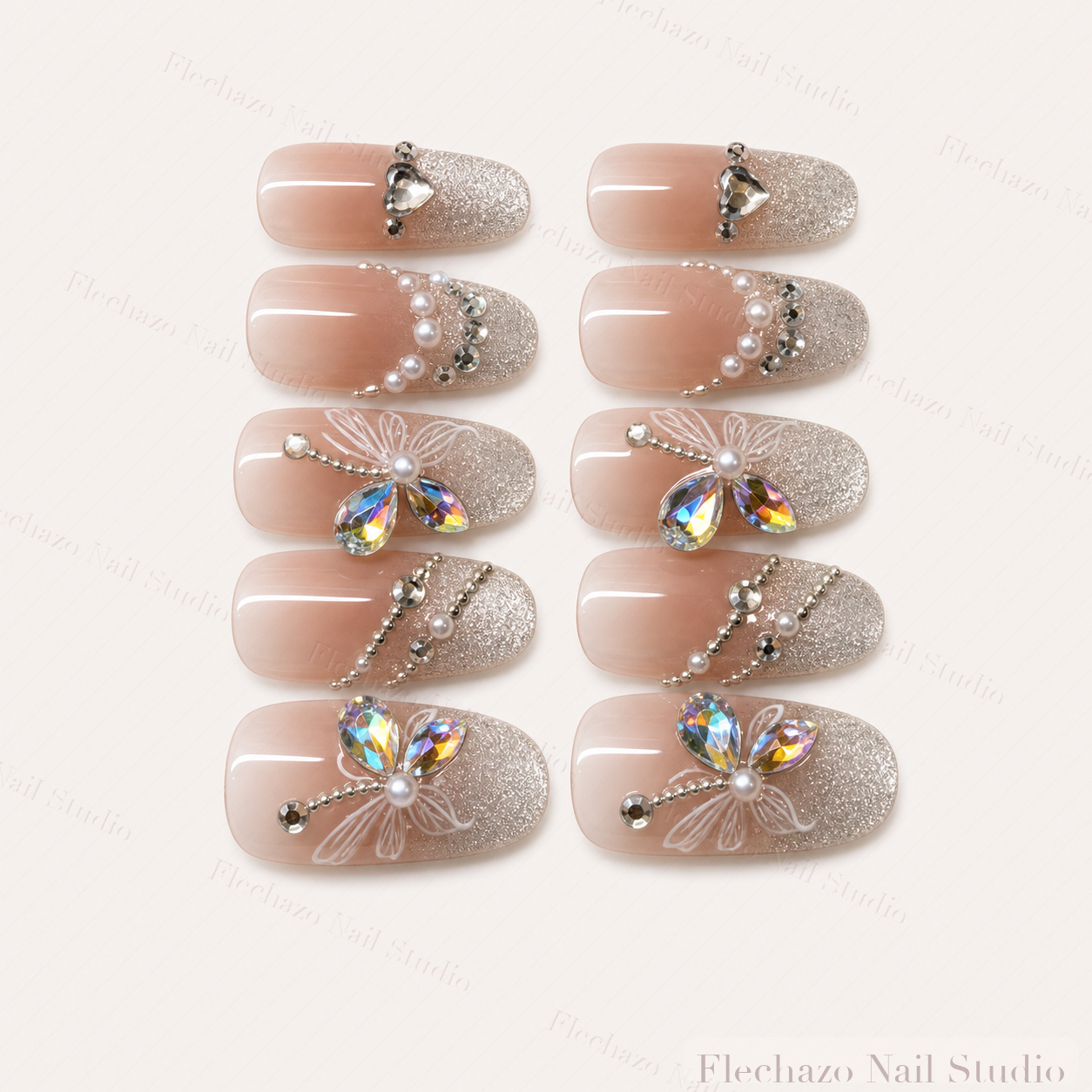 Nude Silver Butterfly Rhinestone Press-On Nails handmade press-on nail set, product view