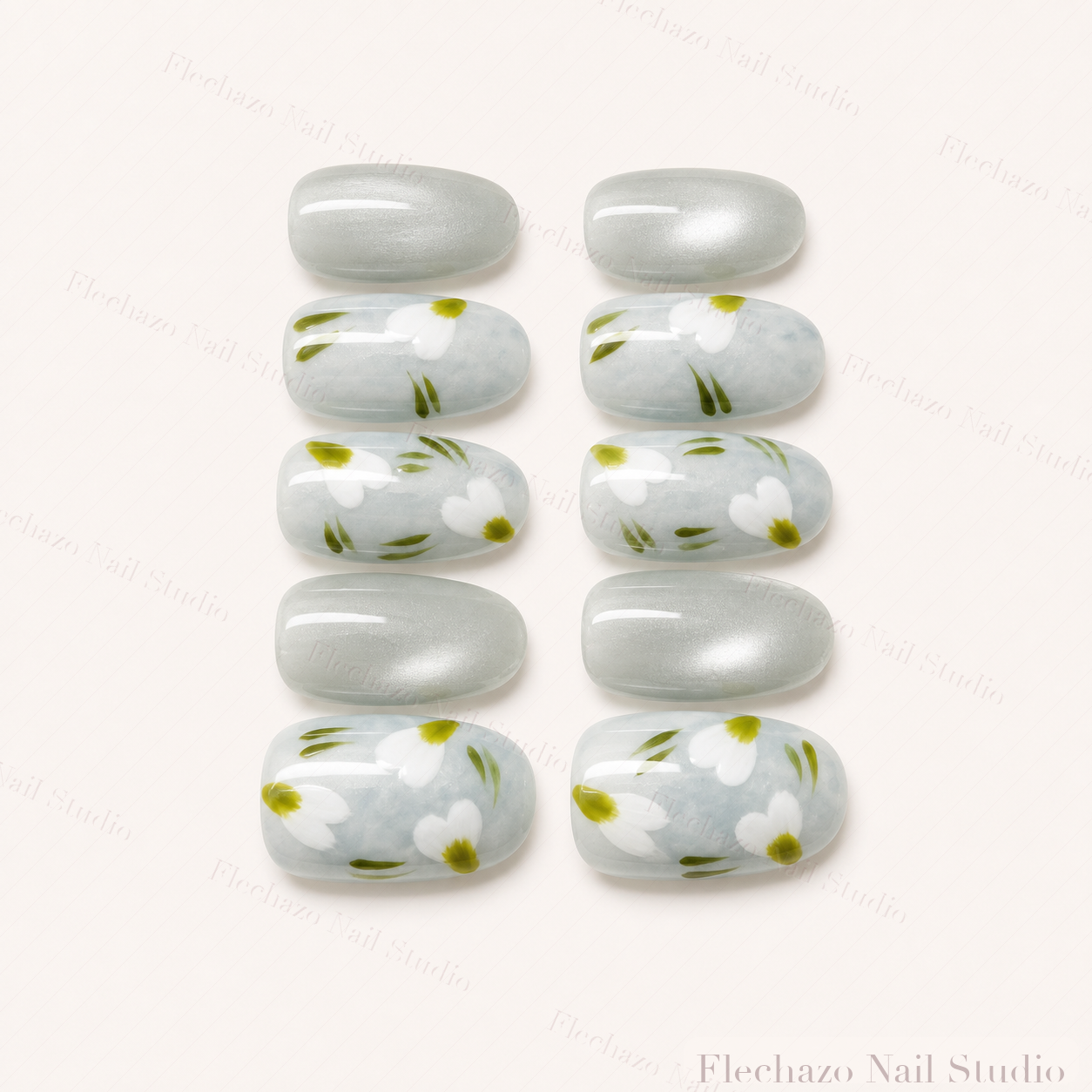 White Green Botanical Floral Press-On Nails handmade press-on nail set, product view