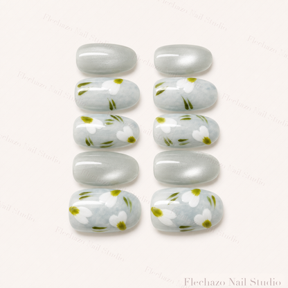 White Green Botanical Floral Press-On Nails handmade press-on nail set, product view