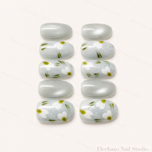 White Green Botanical Floral Press-On Nails handmade press-on nail set, product view