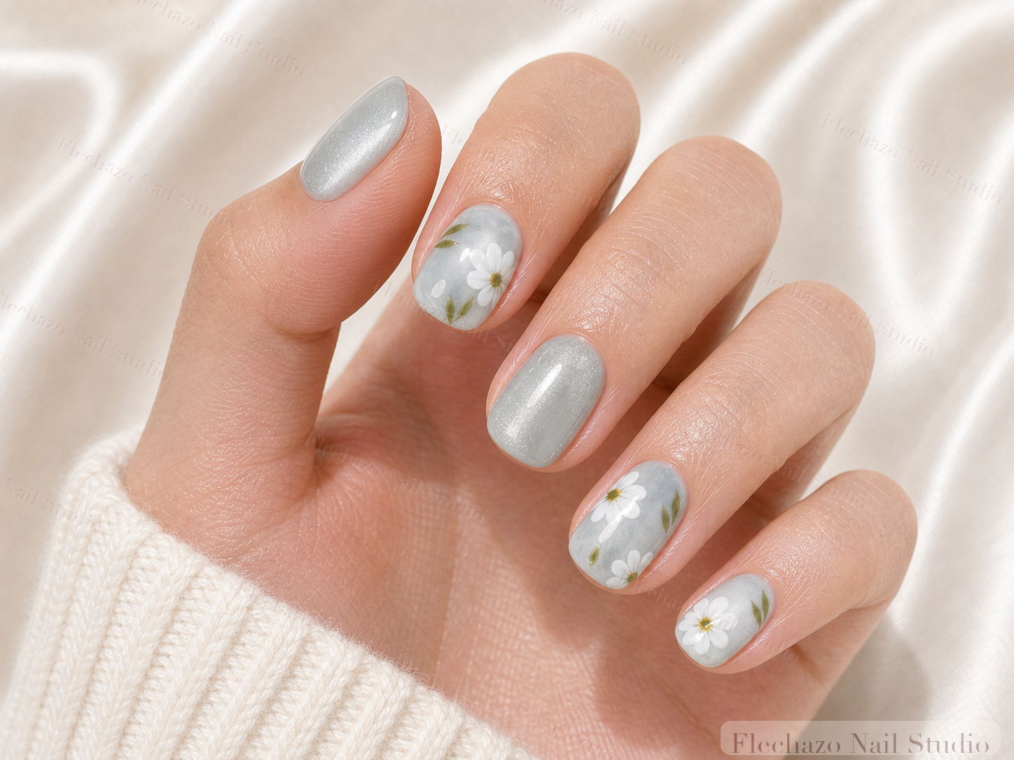 White Green Botanical Floral Press-On Nails worn on a model hand