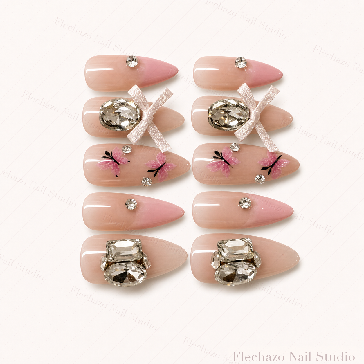 Pink Rhinestone Bow Stiletto Press-On Nails handmade press-on nail set, product view