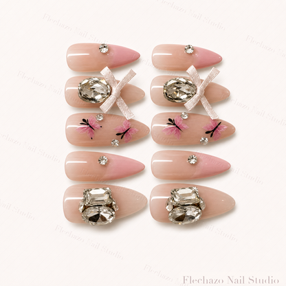 Pink Rhinestone Bow Stiletto Press-On Nails handmade press-on nail set, product view