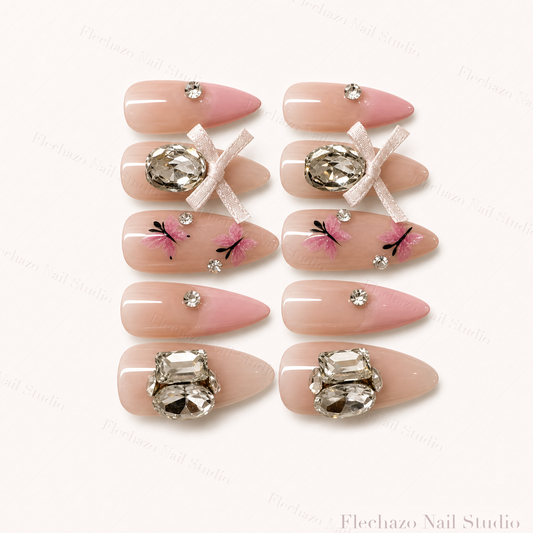 Pink Rhinestone Bow Stiletto Press-On Nails handmade press-on nail set, product view
