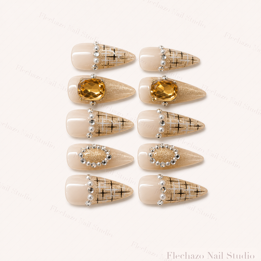 Champagne Plaid Rose Crystal Stiletto Press-On Nails handmade press-on nail set, product view
