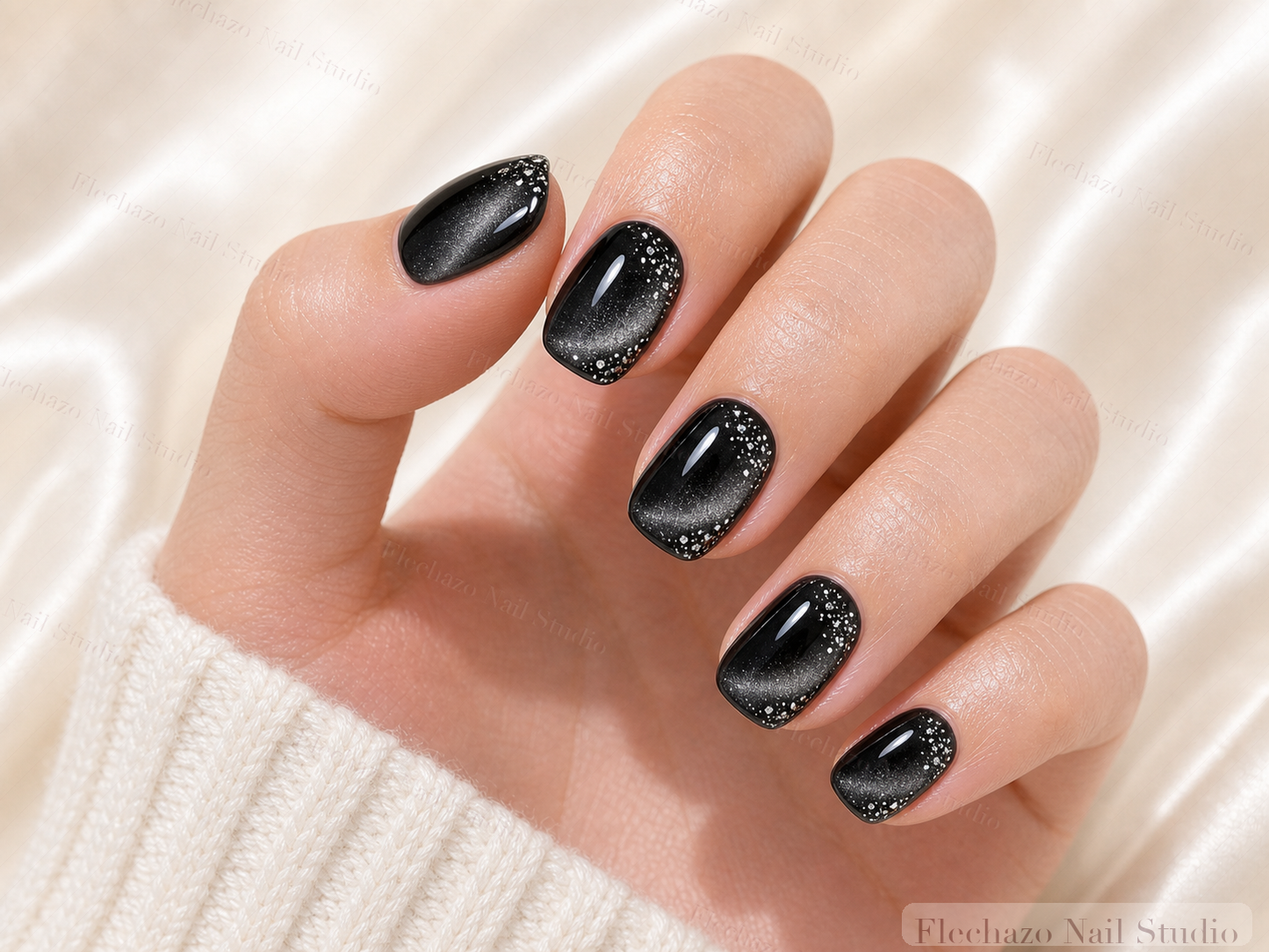 Glossy Black Minimalist Press-On Nails worn on a model hand