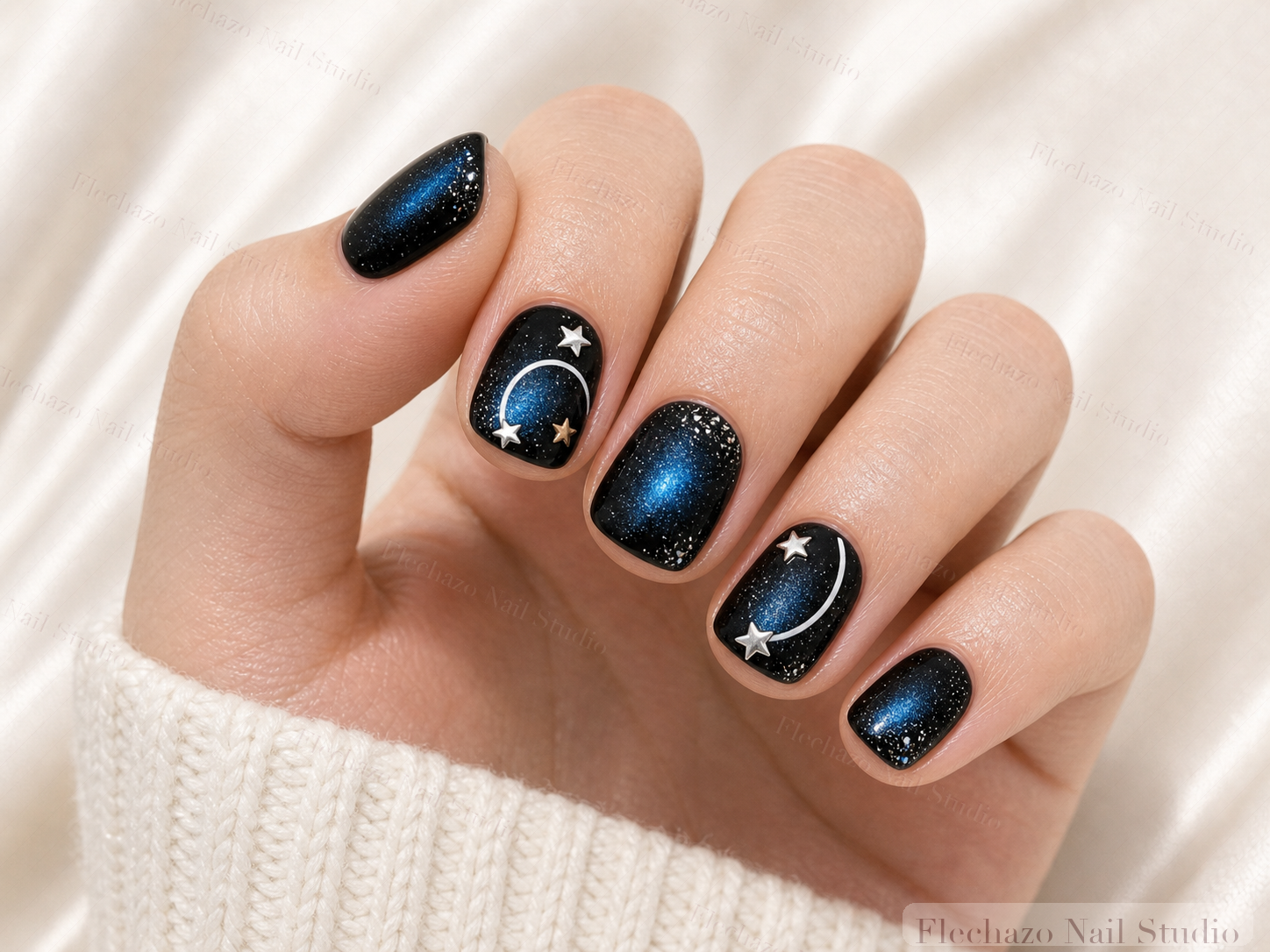 Midnight Blue Celestial Star Press-On Nails worn on a model hand