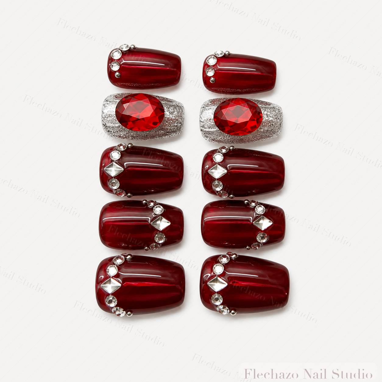 Burgundy Red Crystal Jewel Press-On Nails handmade press-on nail set, product view
