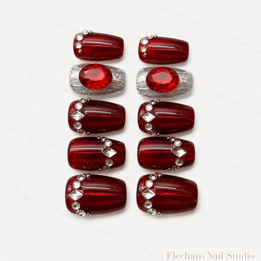 Burgundy Red Crystal Jewel Press-On Nails handmade press-on nail set, product view