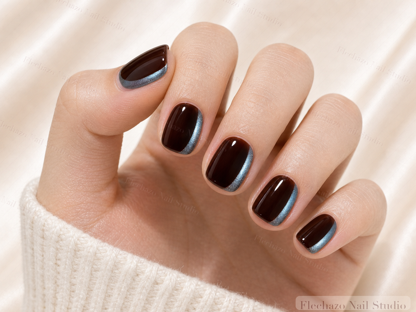 Espresso Brown Chrome Tip Press-On Nails worn on a model hand
